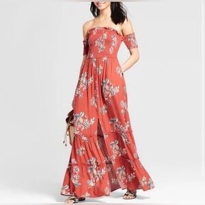 Xhilaration Womens Sz M Burnt Orange Floral Smocked Off Shoulder Maxi Dress